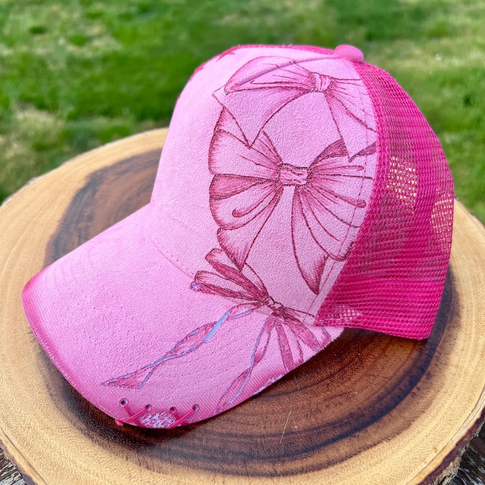 Hand Burned Pink Bow Trucker Hat, Bow Baseball Cap, Bow Snapback